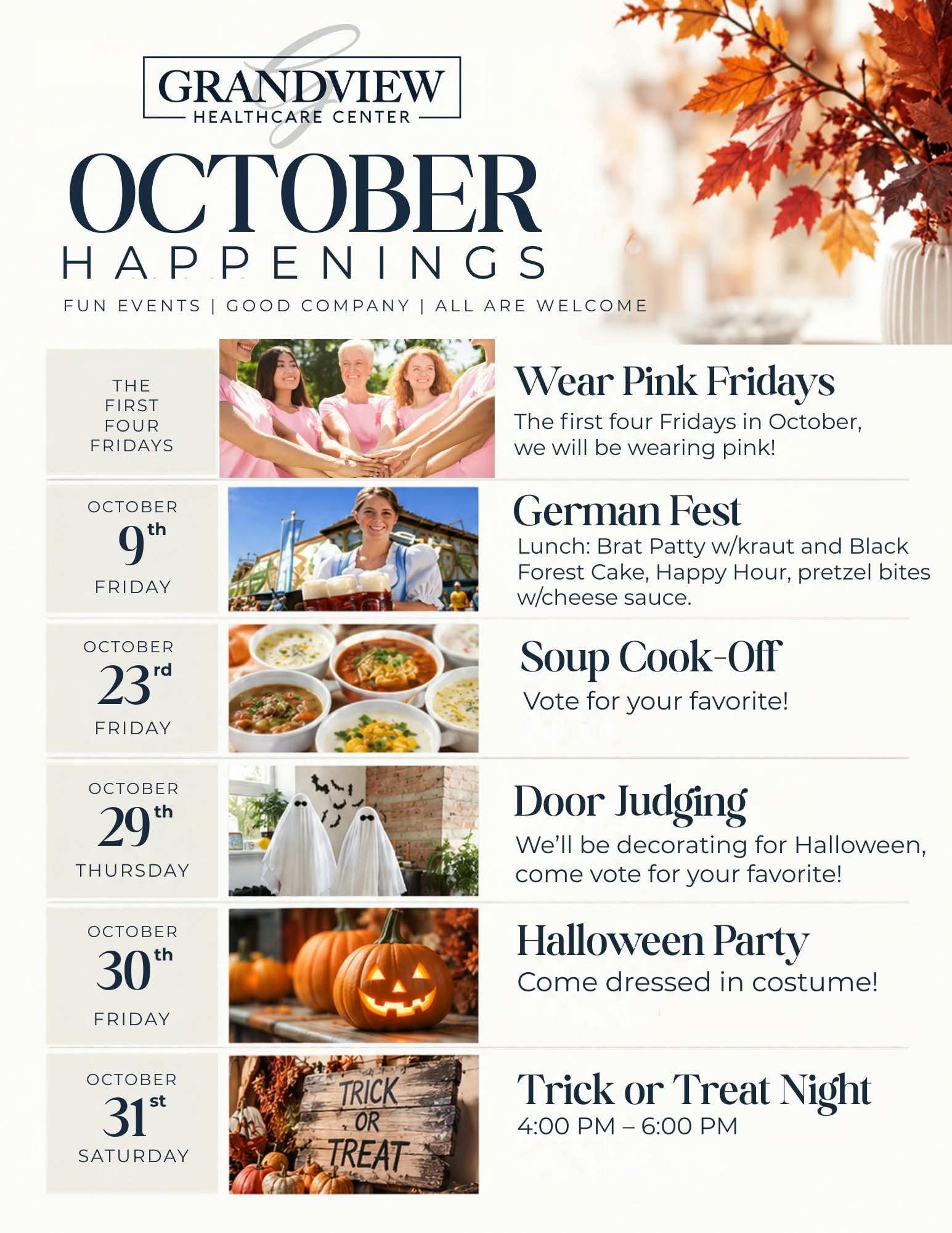 Grandview Healthcare Center October Happenings flyer