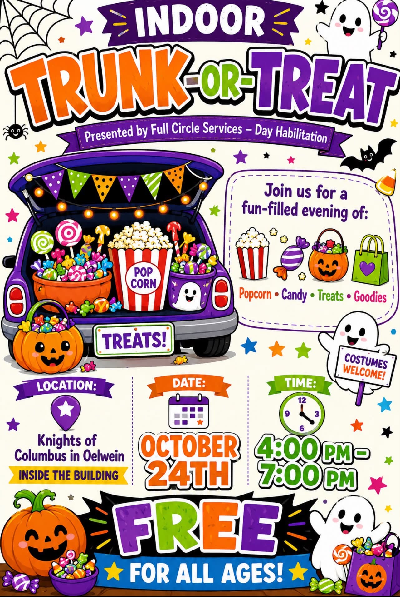 Indoor Trunk-or-Treat flyer presented by Full Circle Services Day Habilitation
